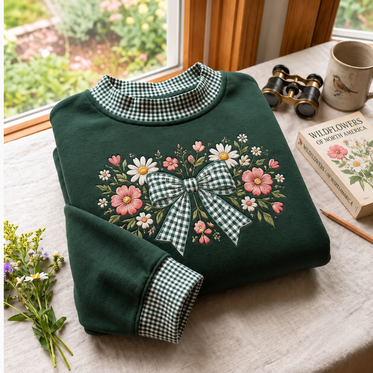 Vintage Floral Bow Embroidery Gingham Sweatshirt Ln, Retro Cottagecore Style