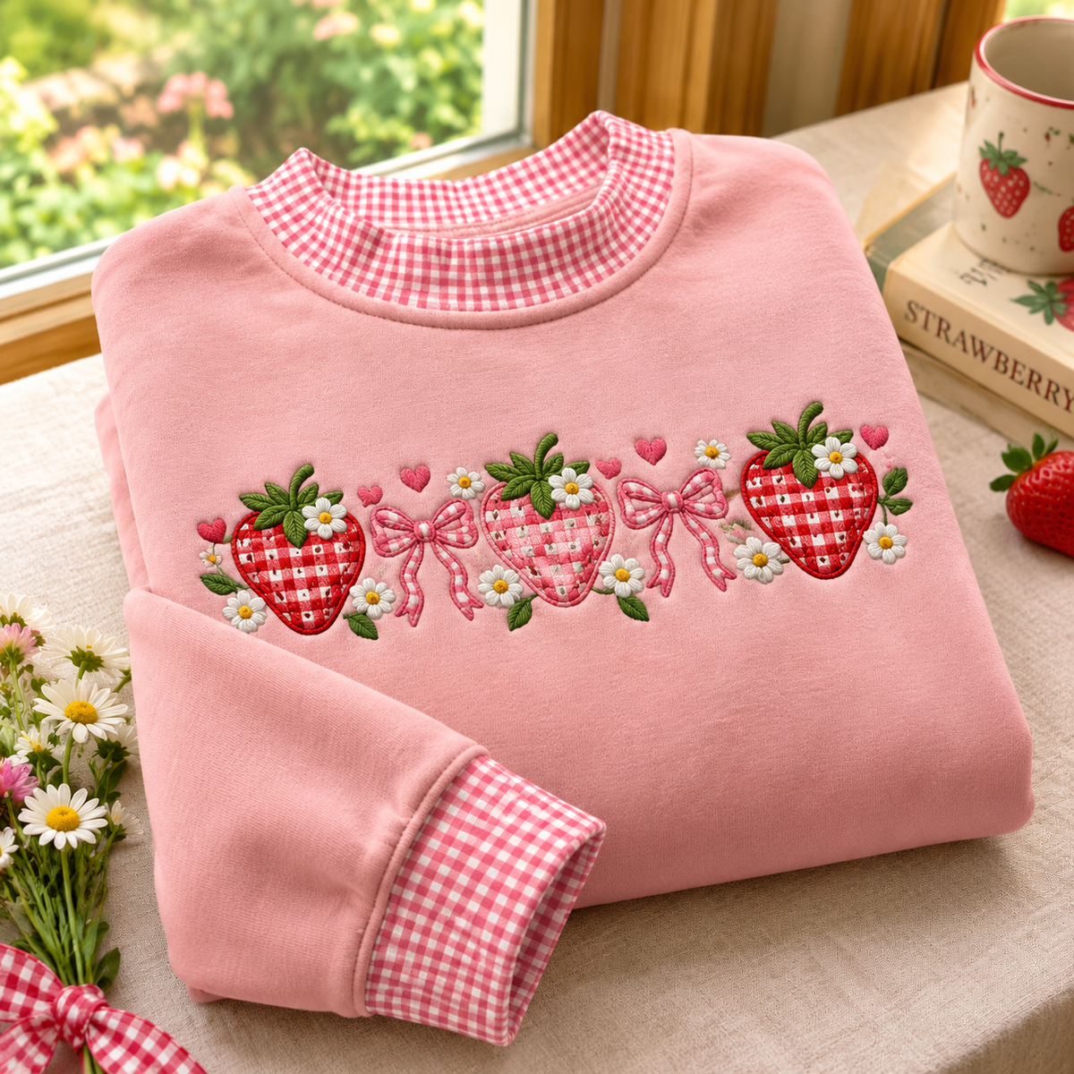 Strawberry Embroidery Gingham Sweatshirt Ln, Sweet Cottagecore Pullover