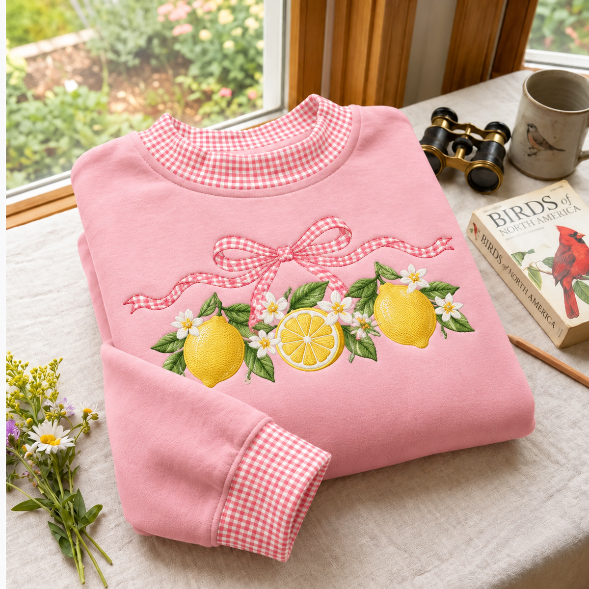 Lemon Embroidery Gingham Sweatshirt Ln, Fresh Springtime Casual Pullover
