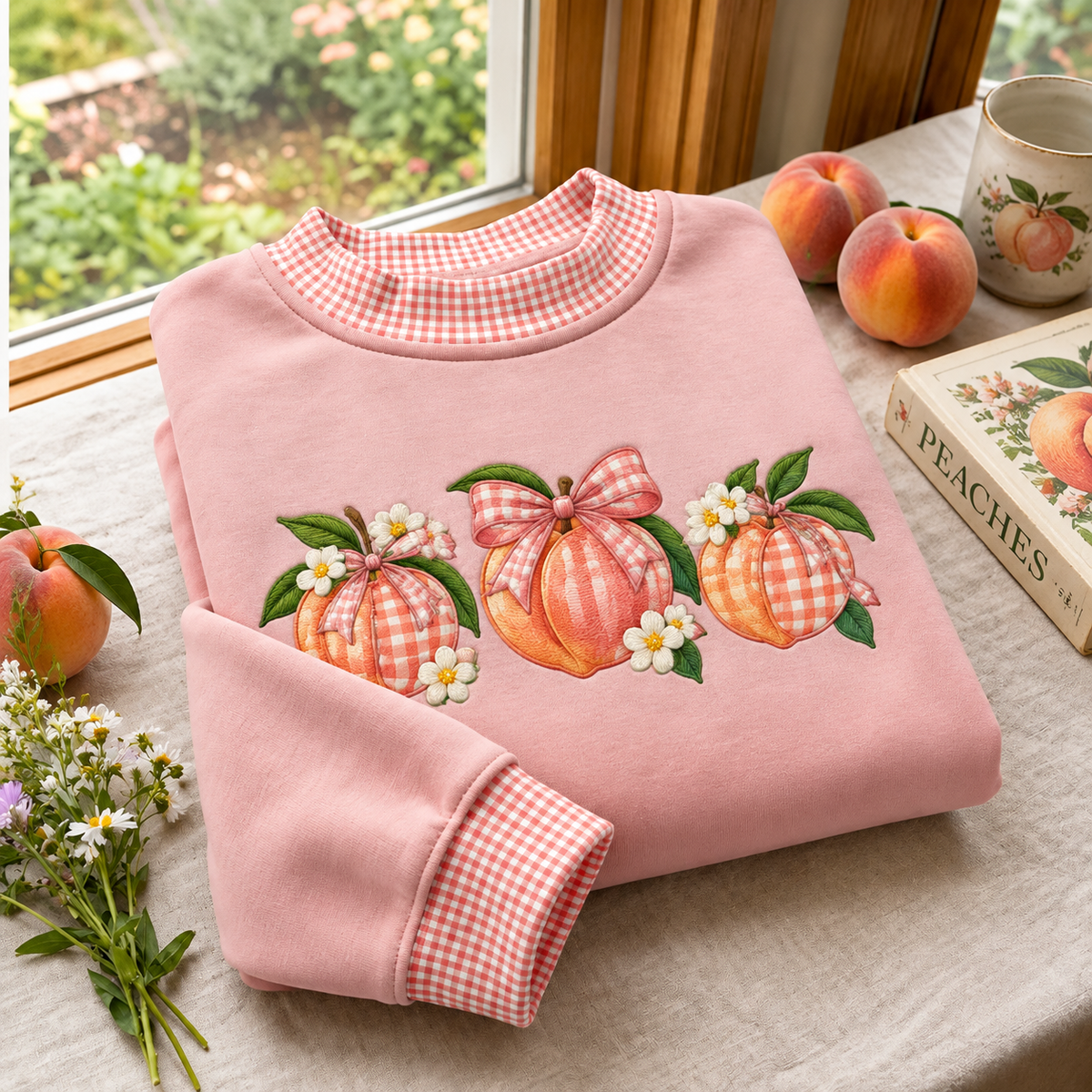 Peach Embroidery Gingham Sweatshirt Ln, Soft Pastel Cottagecore Apparel