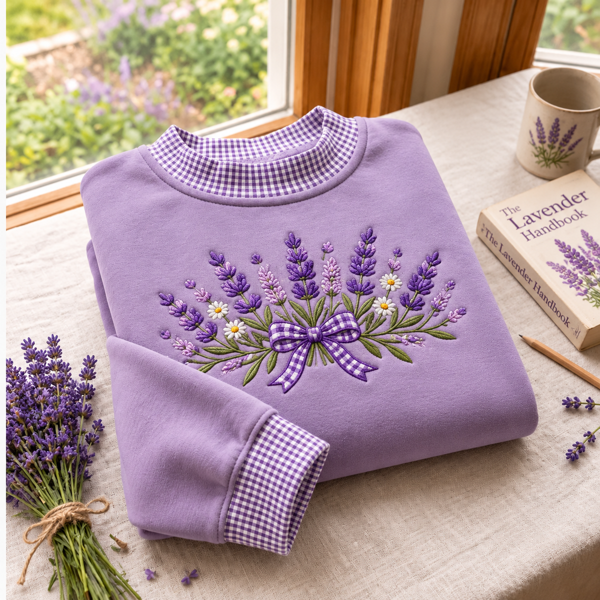 Lavender Flowers Embroidery Gingham Sweatshirt Ln, Soft Botanical Pullover