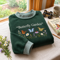 Butterfly Garden Embroidery Gingham Sweatshirt Ln, Whimsical Nature Apparel