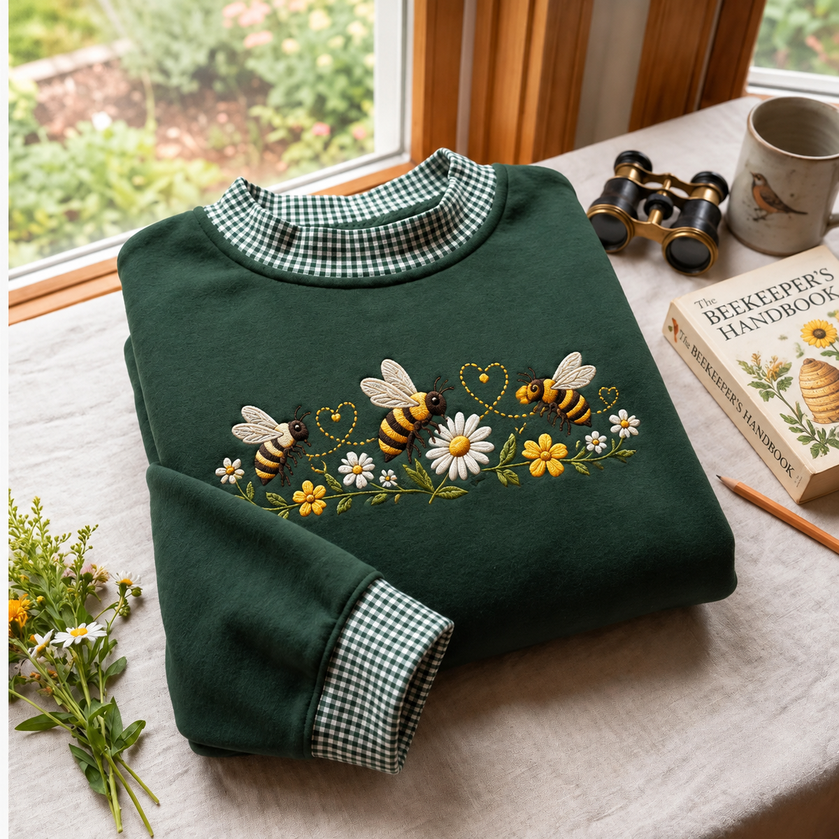 Honey Bee Embroidery Gingham Sweatshirt Ln, Cute Cottagecore Nature Pullover