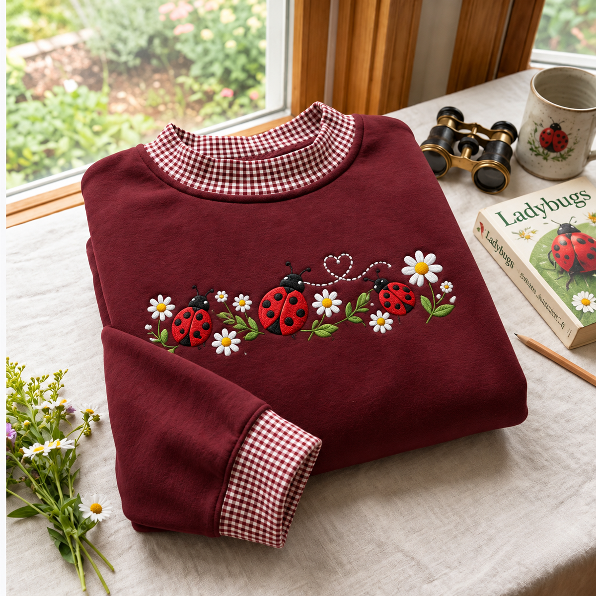 Ladybug Embroidery Gingham Sweatshirt Ln, Playful Garden Lover Apparel