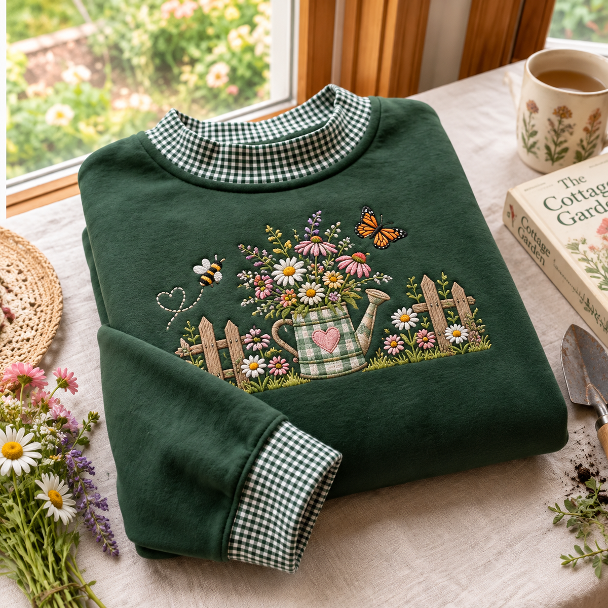 Cottagecore Garden Embroidery Gingham Sweatshirt Ln, Rustic Botanical Pullover