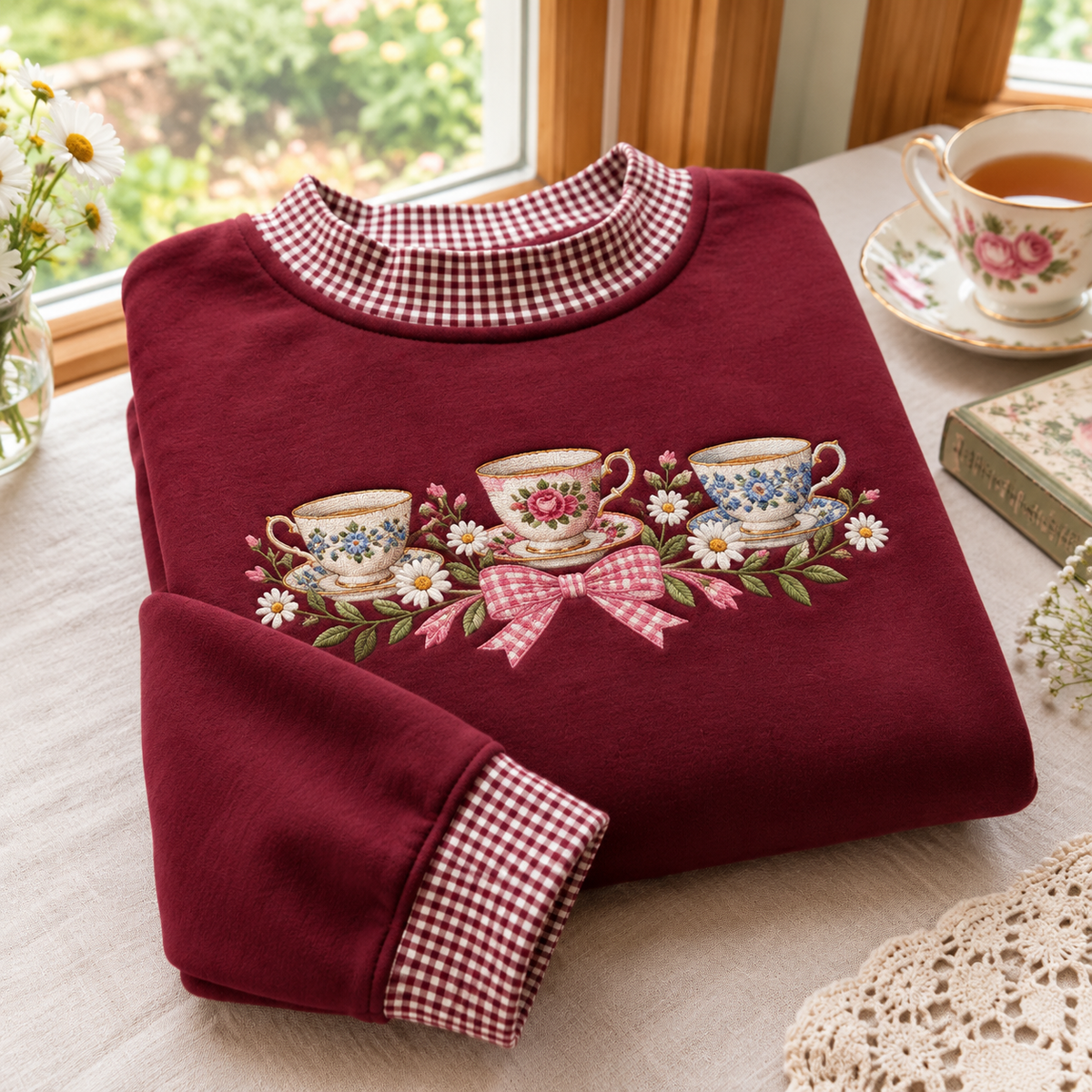 Vintage Teacup Embroidery Gingham Sweatshirt LN, Cottagecore Tea Aesthetic Pullover
