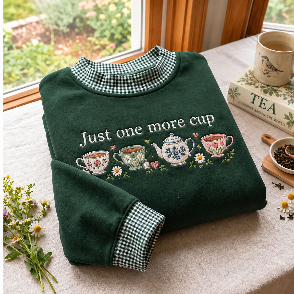Tea Lover Embroidery Gingham Sweatshirt LN, Cozy Beverage Enthusiast Pullover