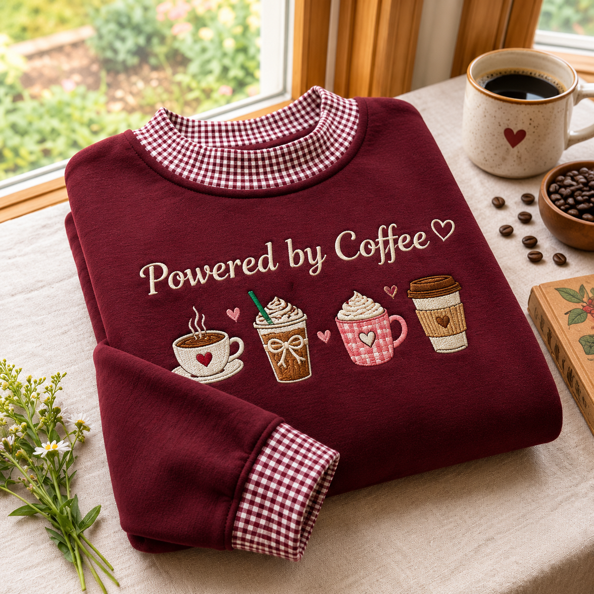 Coffee Lover Embroidery Gingham Sweatshirt LN, Cozy Caffeine Enthusiast Pullover