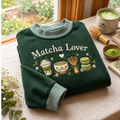 Matcha Lover Embroidery Gingham Sweatshirt LN, Japanese Green Tea Aesthetic Pullover