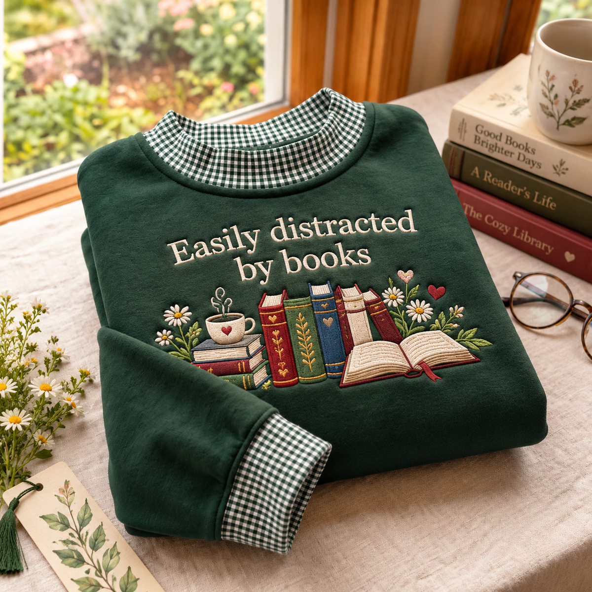Book Lover Embroidery Gingham Sweatshirt LN, Cozy Reading Enthusiast Pullover