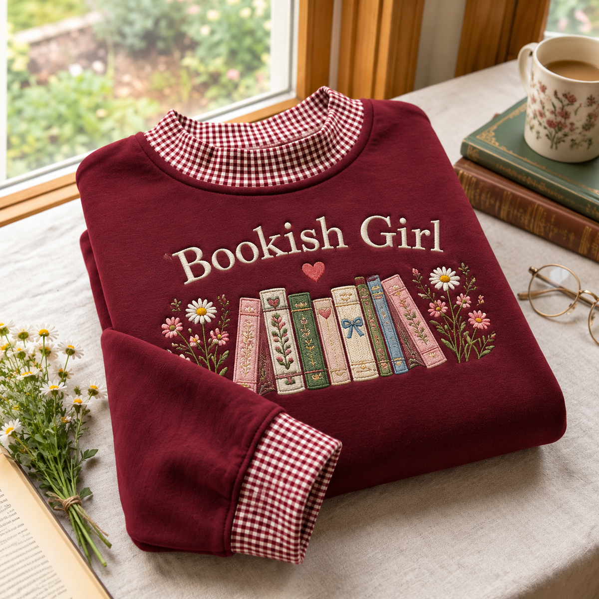 Bookish Girl Embroidery Gingham Sweatshirt LN, Literary Cottagecore Reader Pullover