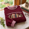 Library Lover Embroidery Gingham Sweatshirt LN, Literary Bookworm Aesthetic Pullover