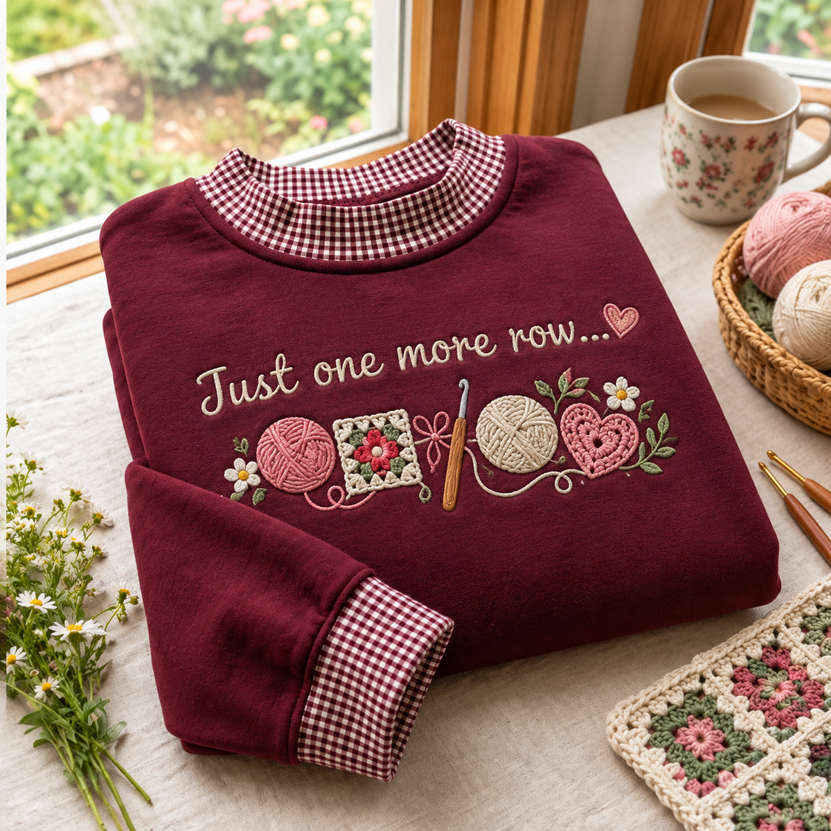 Crochet Lover Embroidery Gingham Sweatshirt LN, Handmade Yarn Craft Enthusiast Pullover