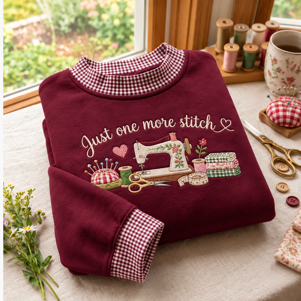 Sewing Lover Embroidery Gingham Sweatshirt LN, Handmade Fabric Craft Enthusiast Pullover