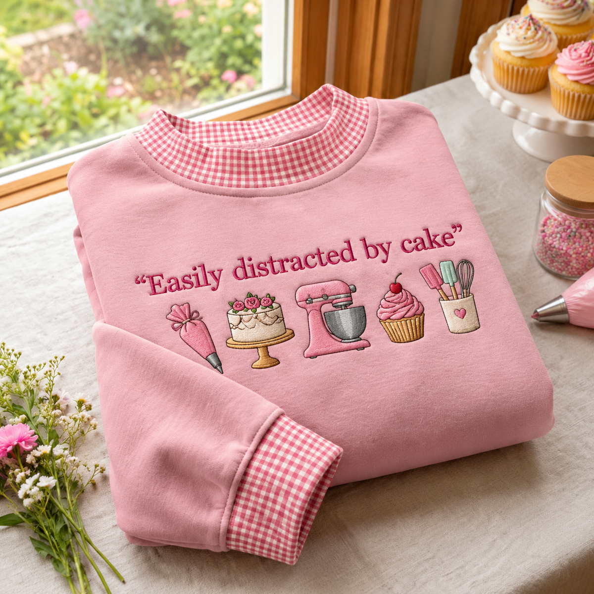 Cake Decorator Embroidery Gingham Sweatshirt LN, Creative Pastry Artist Pullover