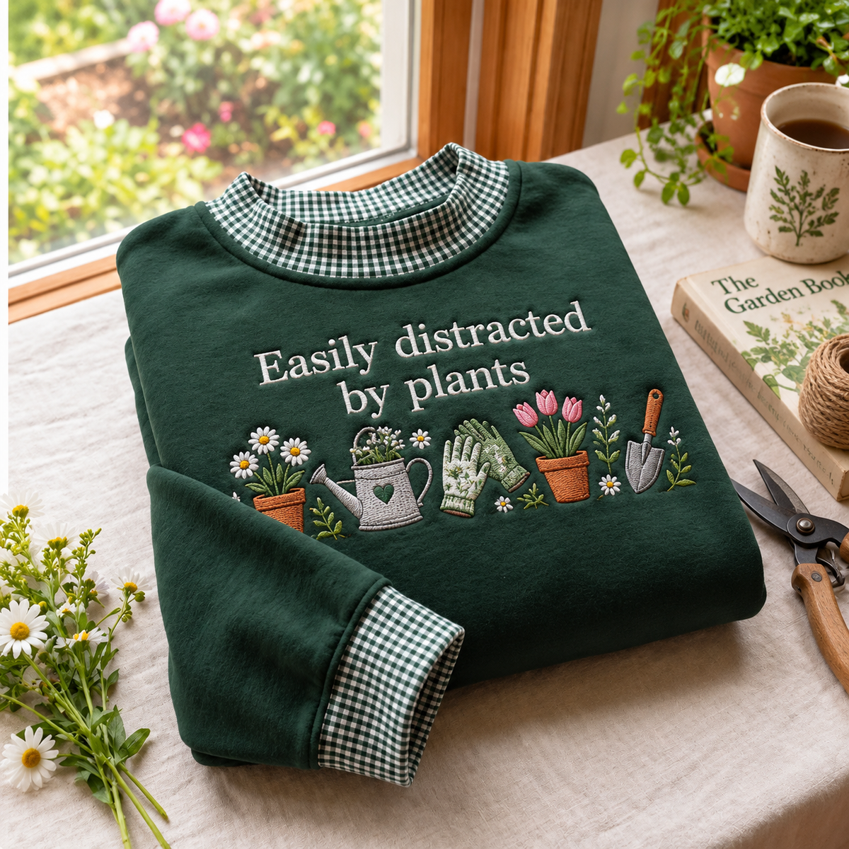 Gardening Lover Embroidery Gingham Sweatshirt LN, Botanical Nature Enthusiast Pullover