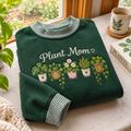 Plant Mom Embroidery Gingham Sweatshirt LN, Botanical Houseplant Enthusiast Pullover