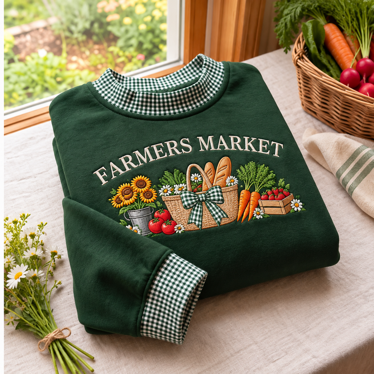 Farmers Market Embroidery Gingham Sweatshirt LN, Rustic Cottagecore Produce Pullover