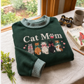 Cat Mom Embroidery Gingham Sweatshirt Ln, Soft Cotton Blend Casual Pullover for Pet Owners