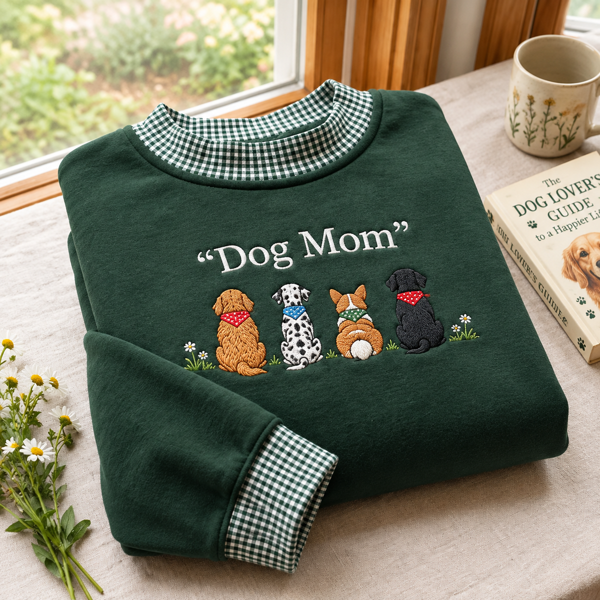 Dog Mom Embroidery Gingham Sweatshirt Ln, Cozy Cotton Blend Pullover for Puppy Lovers