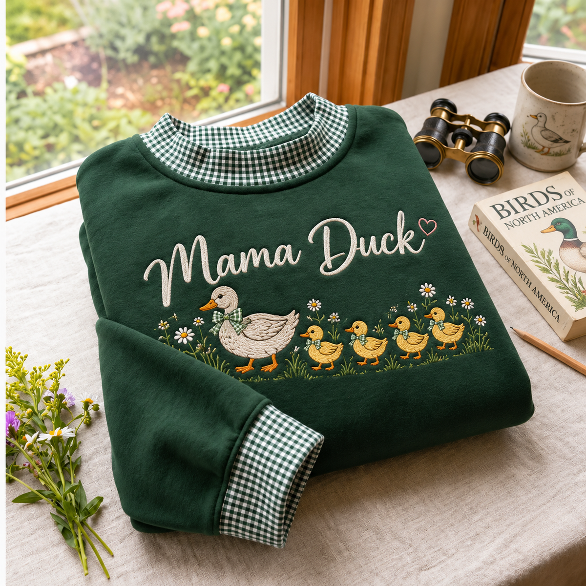 Mama Duck Embroidery Gingham Sweatshirt Ln, Soft Cotton Blend Pullover for Mother's Day Gift