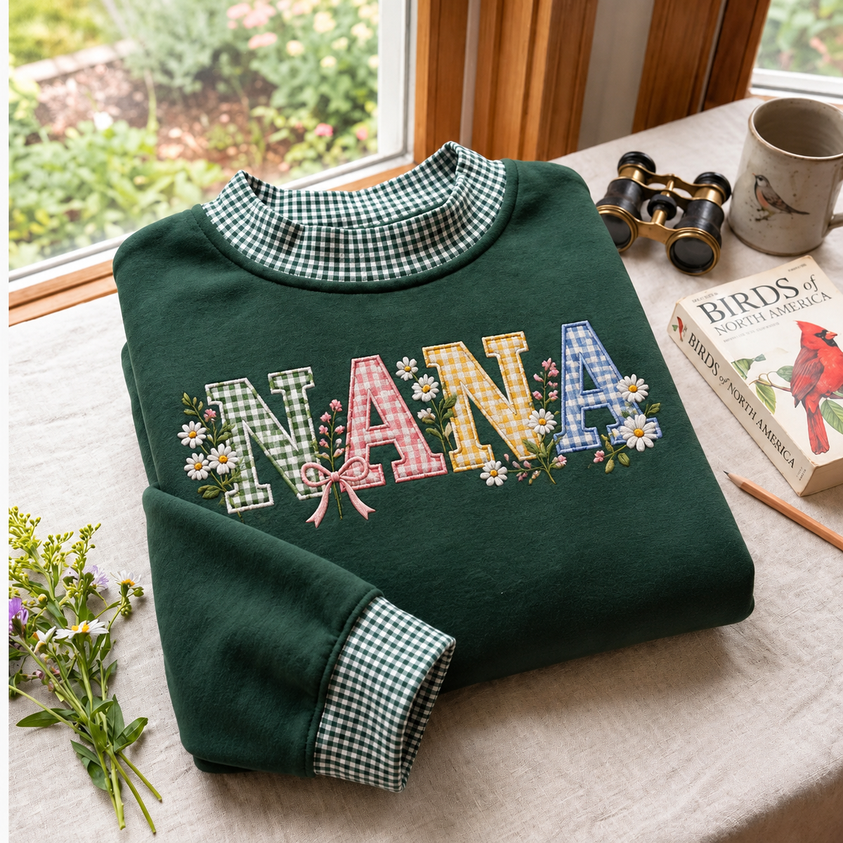 Nana Embroidery Gingham Sweatshirt Ln, Cozy Cotton Blend Pullover for Grandmother Mother's Day Gift