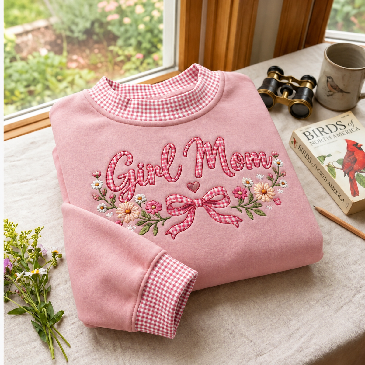 Girl Mom Embroidery Gingham Sweatshirt Ln, Cozy Cotton Blend Pullover for Proud Mothers