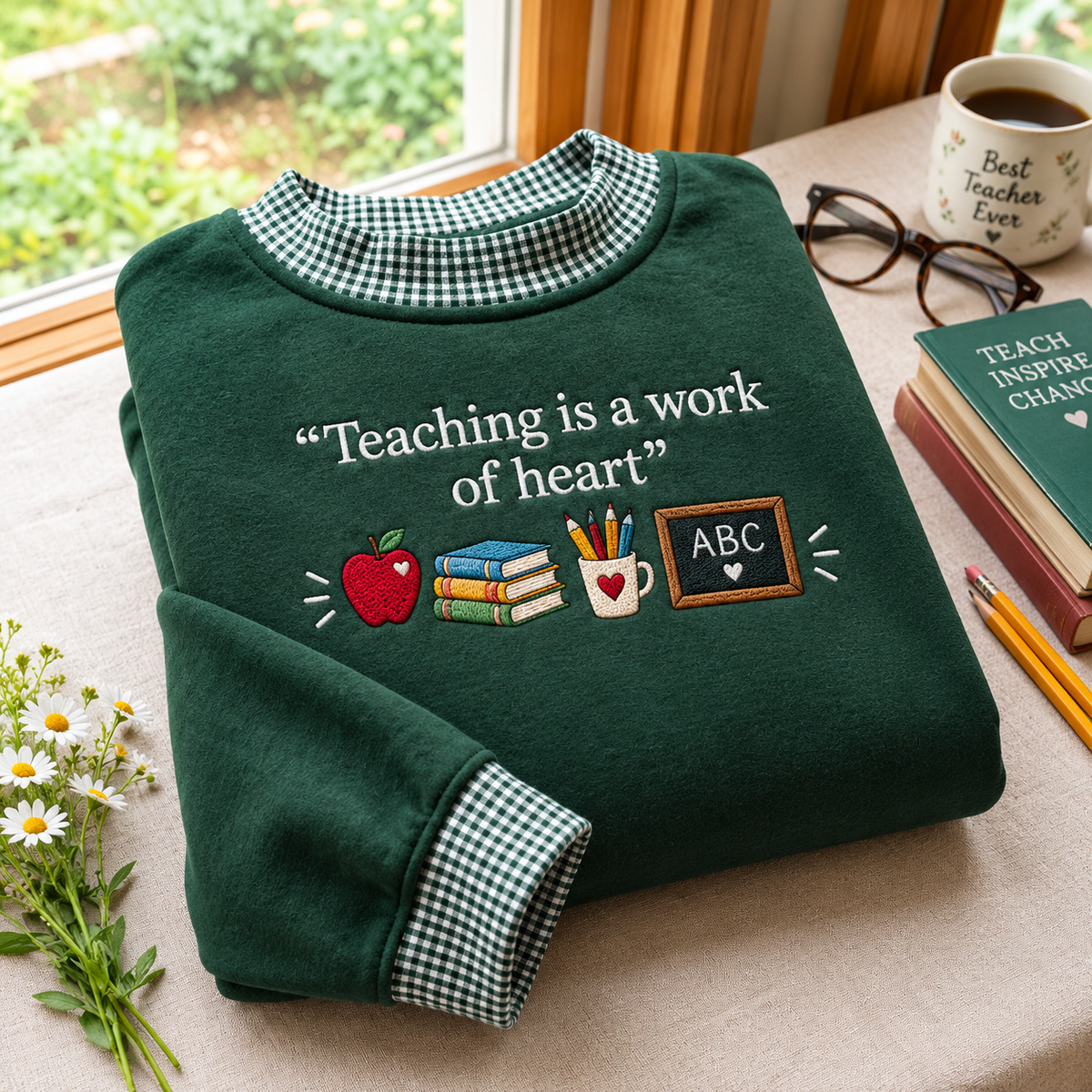 Teacher Embroidery Gingham Sweatshirt Ln, Soft Cotton Blend Pullover for Classroom Outfit and Appreciation Gift