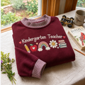 Kindergarten Teacher Embroidery Gingham Sweatshirt Ln, Cozy Cotton Blend Pullover for Classroom Wear