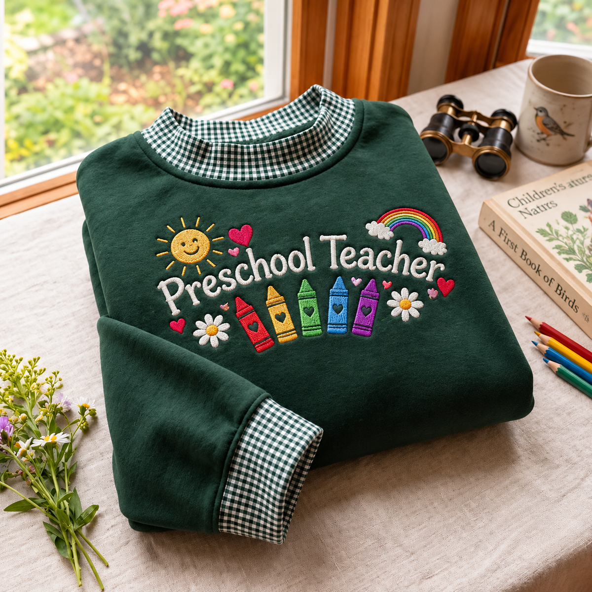 Preschool Teacher Embroidery Gingham Sweatshirt Ln, Soft Cotton Blend Pullover for Educator Appreciation