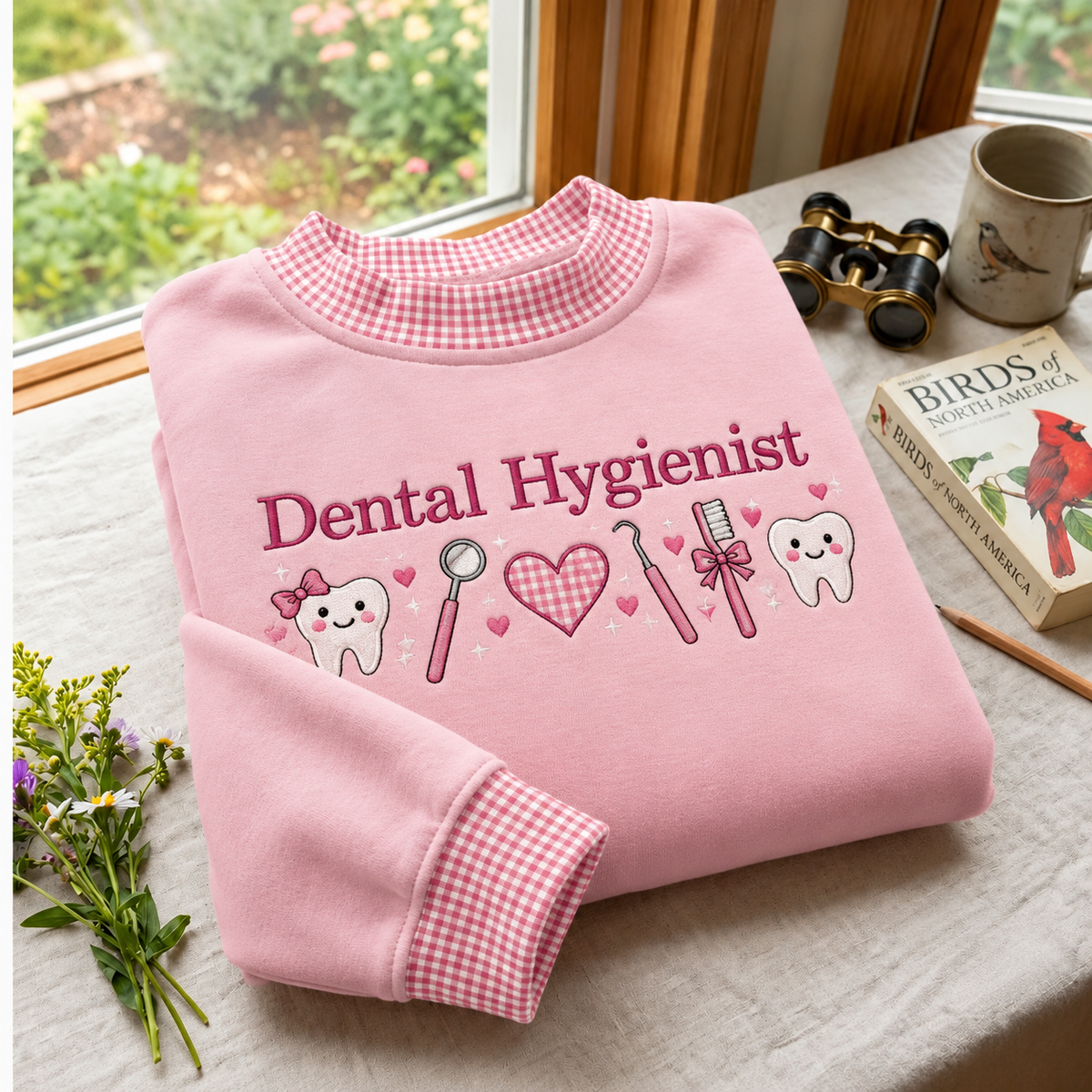 Dental Hygienist Embroidery Gingham Sweatshirt Ln, Soft Cotton Blend Pullover for Dentistry Professionals