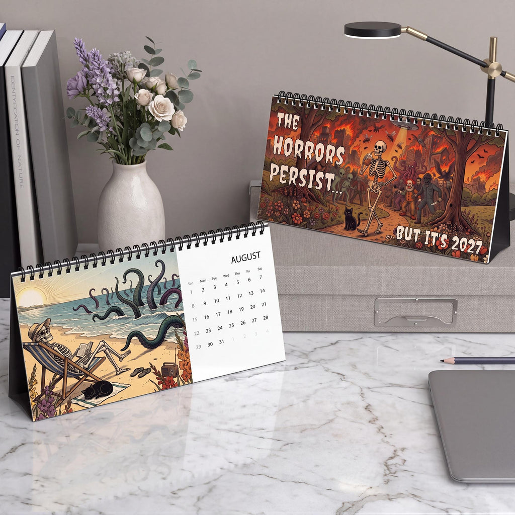 The Horrors Persist Desktop 2027 Calendar | Funny Horror Skeleton Calendar for 2027 | Dark Humor Desk Calendar