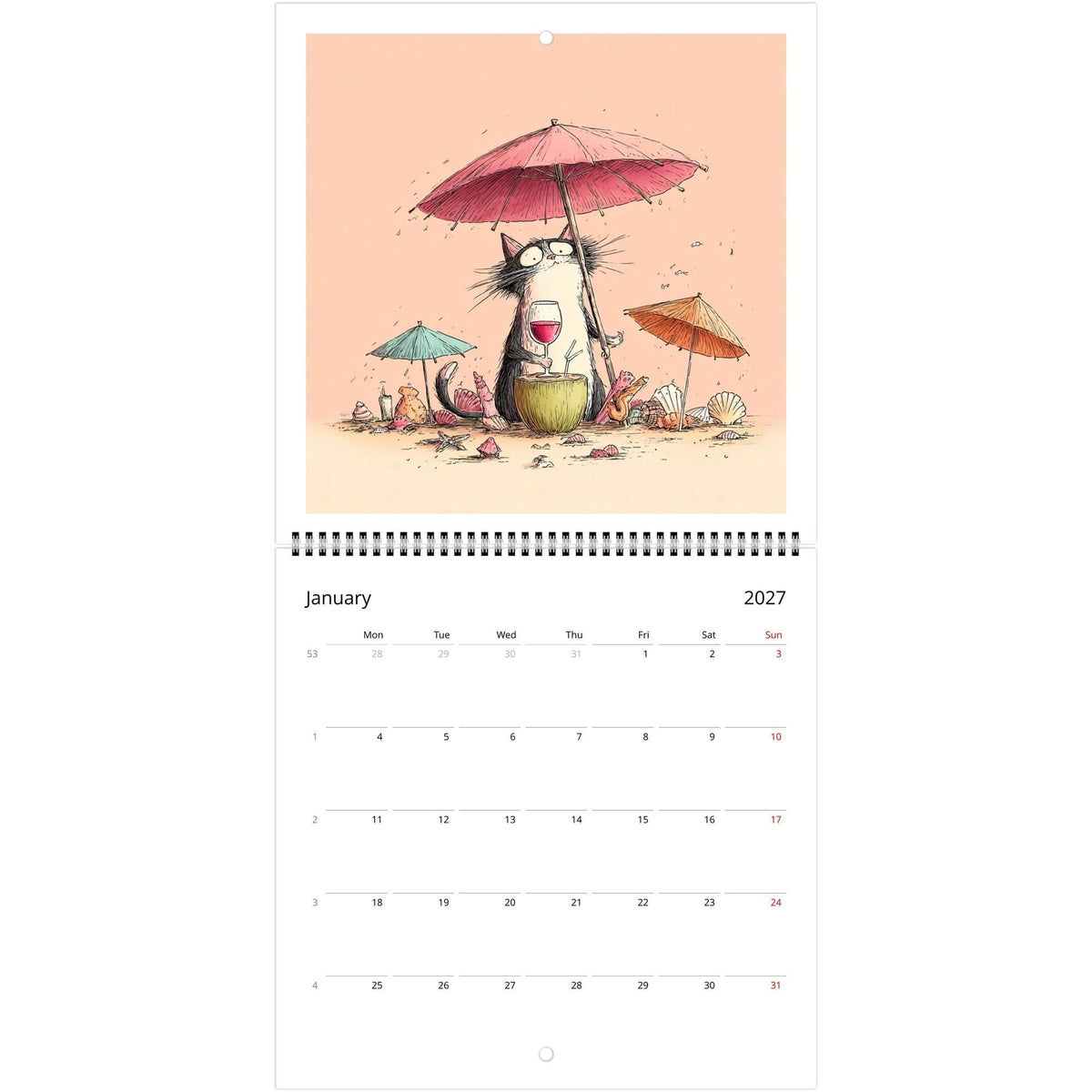 Funny Cats and Wine 2027 Wall Calendar - Cute Cat Lover Gift - Humorous Kitty Decor - 2027 Calendar - Unique Gift for Her