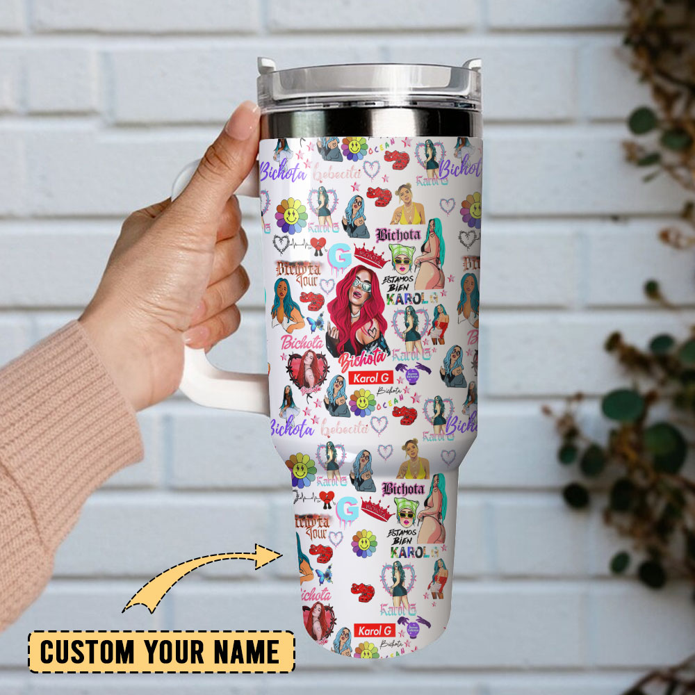 Karol G Singer Anime Custom Quencher 30oz or 40oz Stainless Steel Tumbler With Handle, Best gifts for Friend Family NVA