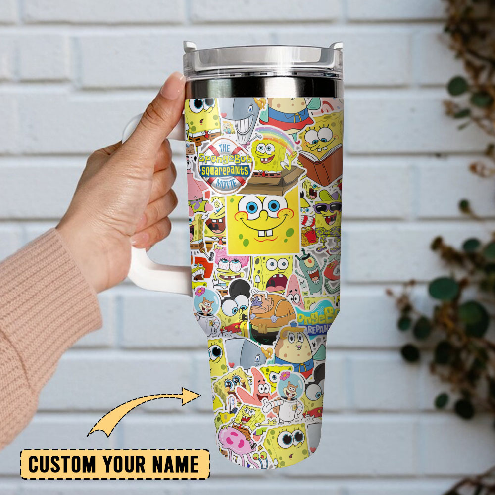 The SpongeBob SquarePants Cartoon Custom Quencher 30oz or 40oz Stainless Steel Tumbler With Handle, Best gist for Friend Family NVA