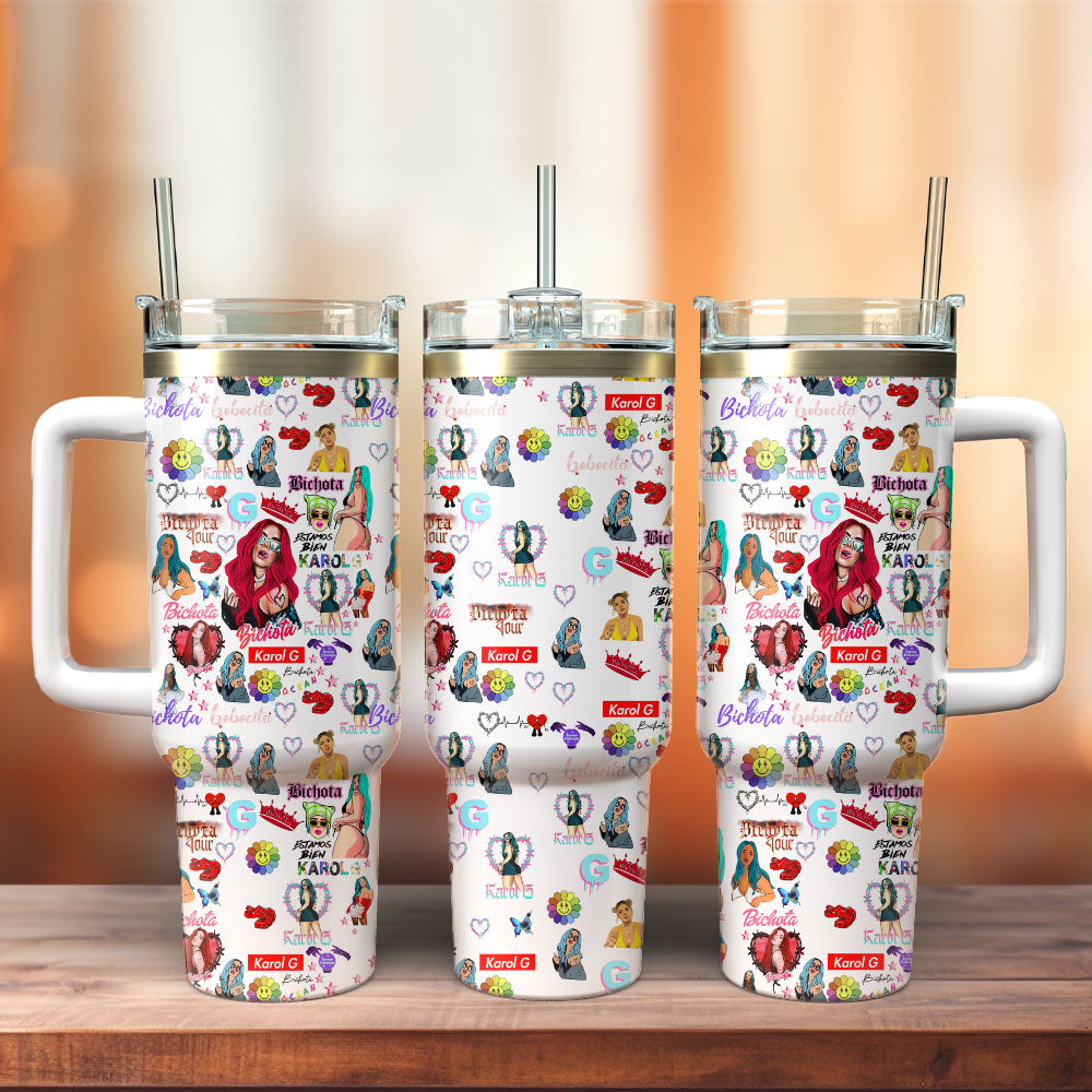 Karol G Singer Anime Custom Quencher 30oz or 40oz Stainless Steel Tumbler With Handle, Best gifts for Friend Family NVA