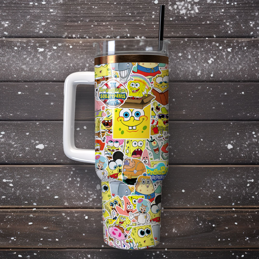 The SpongeBob SquarePants Cartoon Custom Quencher 30oz or 40oz Stainless Steel Tumbler With Handle, Best gist for Friend Family NVA
