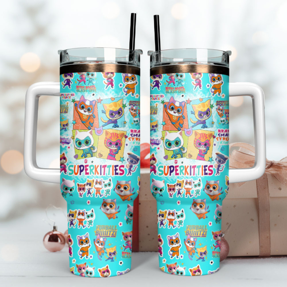 Supper Kitties Disney Junior Cartoon Custom  Quencher 30oz or 40oz Stainless Steel Tumbler With Handle,  Best gifts for Friend Family NVA
