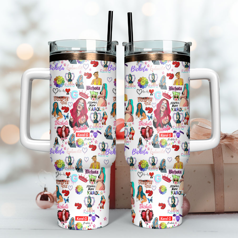 Karol G Singer Anime Custom Quencher 30oz or 40oz Stainless Steel Tumbler With Handle, Best gifts for Friend Family NVA