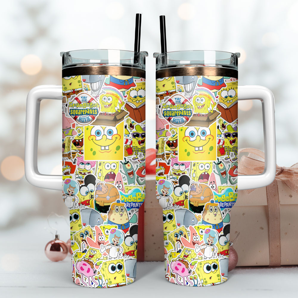 The SpongeBob SquarePants Cartoon Custom Quencher 30oz or 40oz Stainless Steel Tumbler With Handle, Best gist for Friend Family NVA