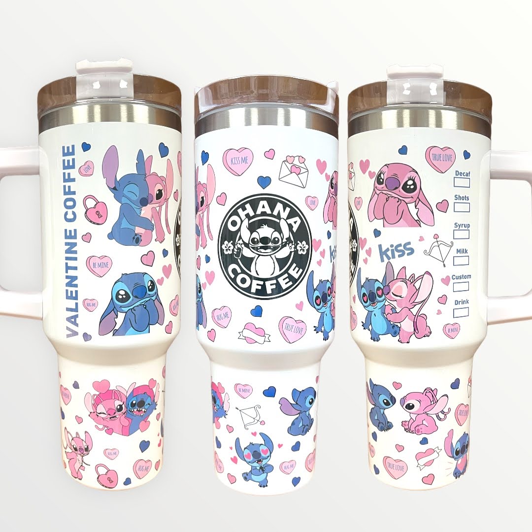 Stitch and Angel Valentine 30oz or 40oz Quencher Tumbler with Optional Personalisation, Gifts for Friends NVA