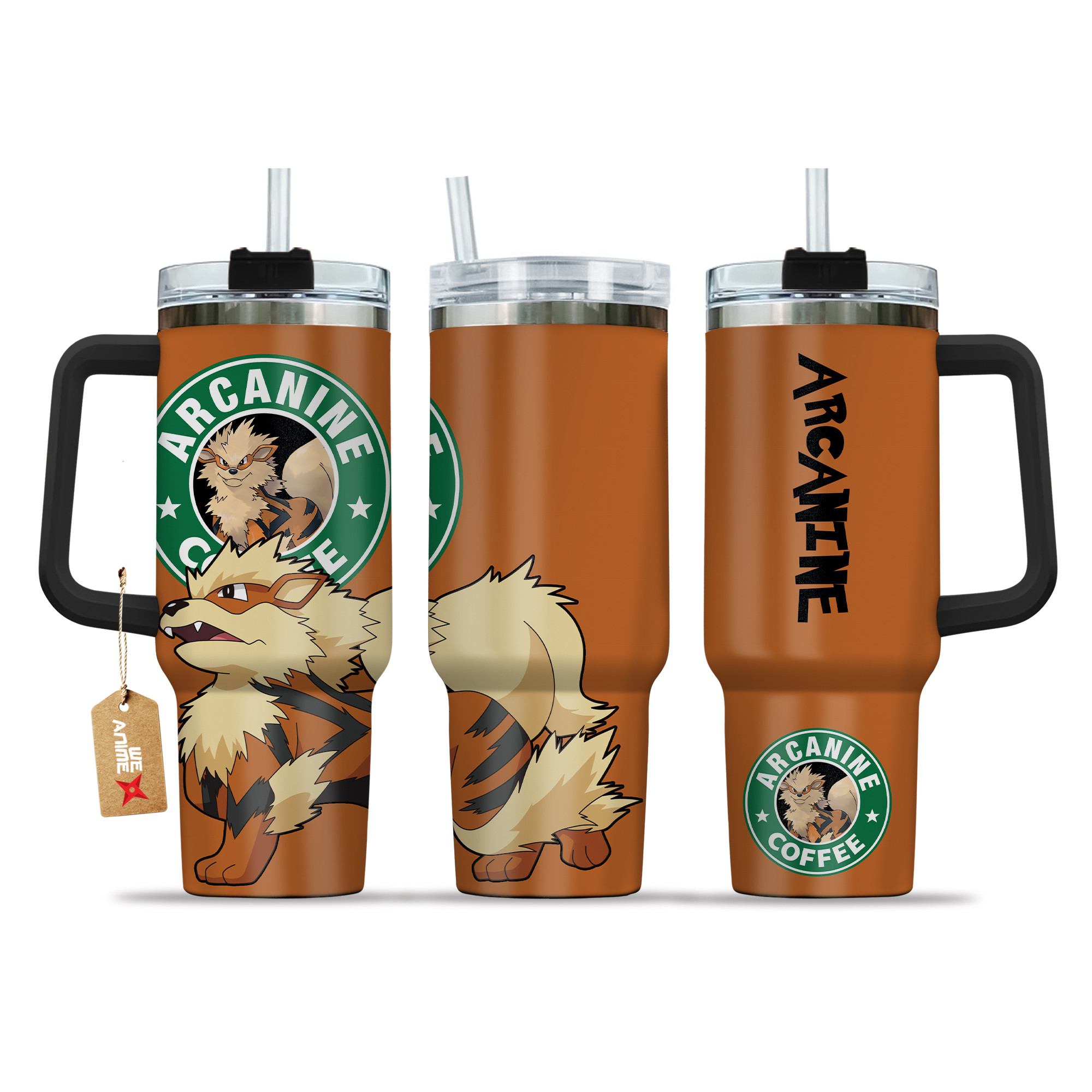 Arcanine Coffee Pokemon Anime Custom 30oz or 40oz Quencher Stainless Steel Tumbler With Handle, Best Gift Idea NVA, Best Gift Idea NVA