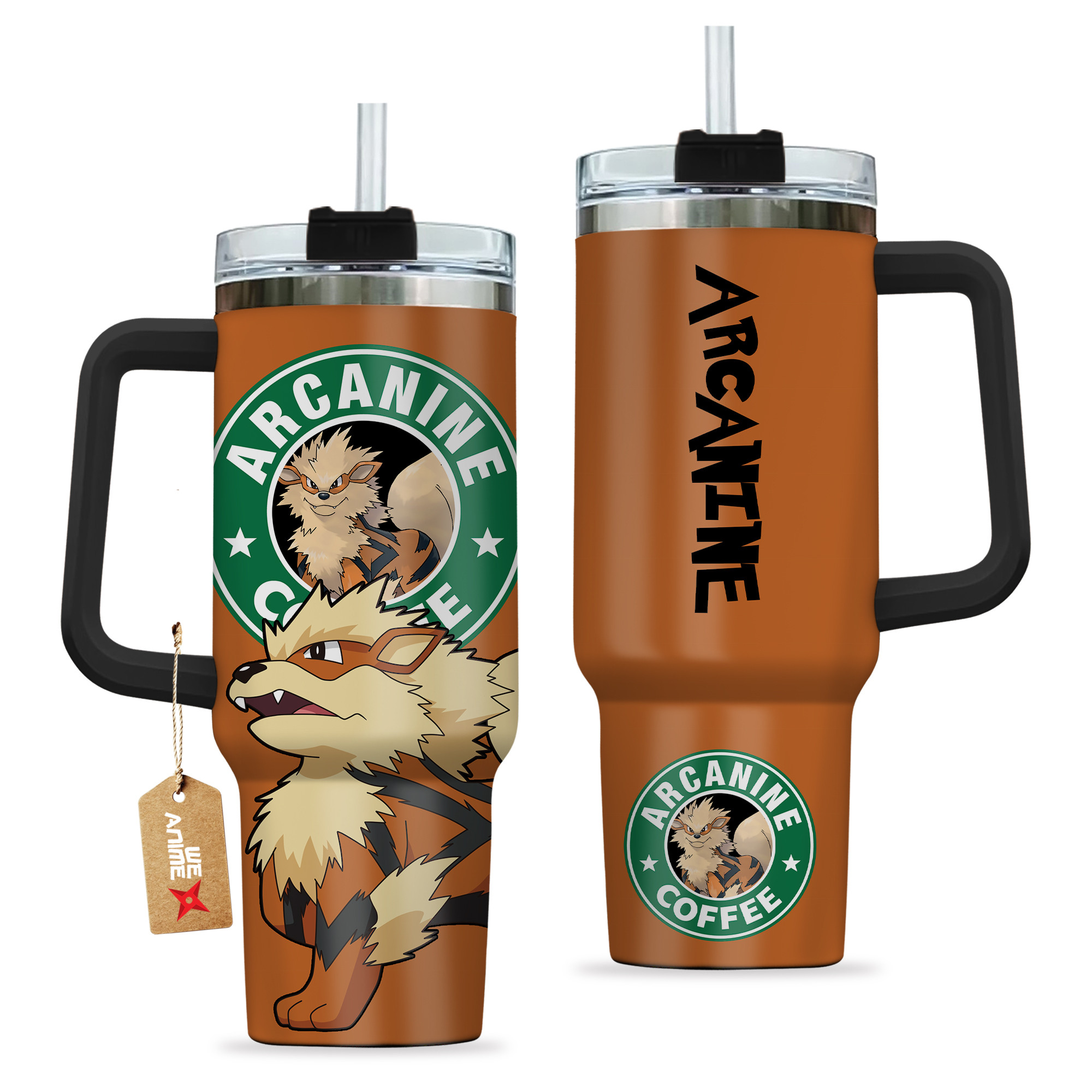 Arcanine Coffee Pokemon Anime Custom 30oz or 40oz Quencher Stainless Steel Tumbler With Handle, Best Gift Idea NVA, Best Gift Idea NVA