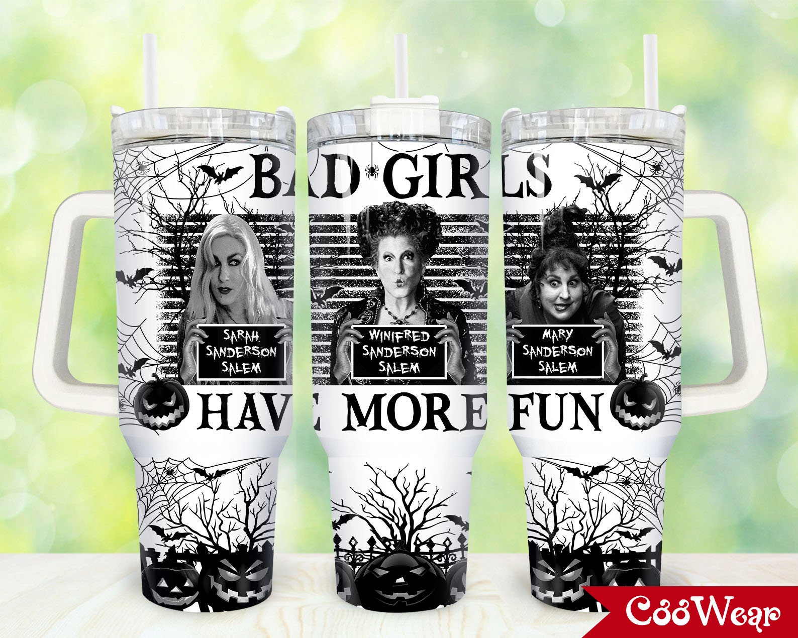 Halloween Horror Characters Bad Girls Have More Fun 30oz or 40oz Tumbler with Handle, Hocus Pocus Fan Gift, Birthday Anniversary Tumbler Gift HFN