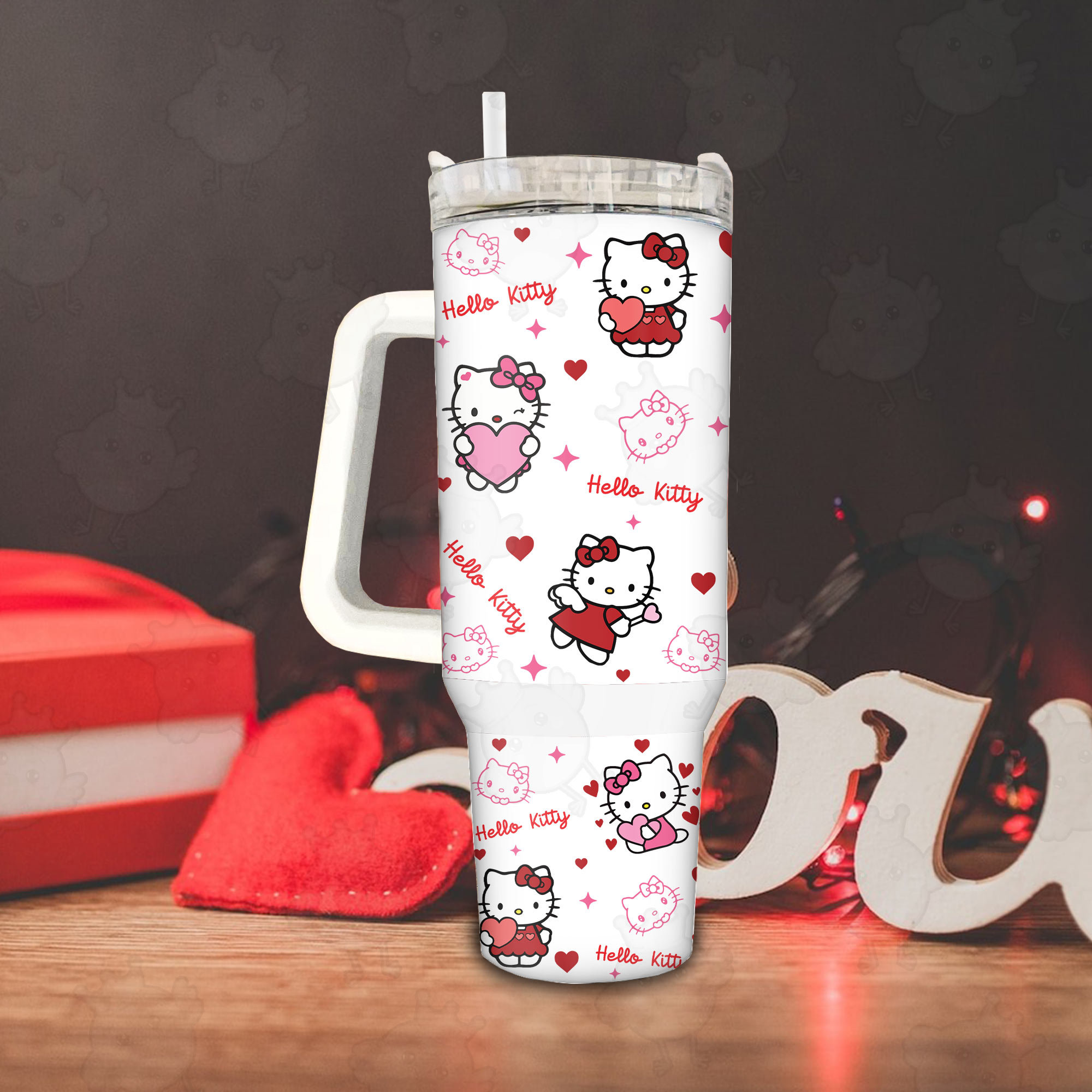 Pink Hello Kitty Valentine 30oz or 40oz Tumbler with Handle, Gift for Kitty fan, Birthday Anniversary Tumbler Gift HFN