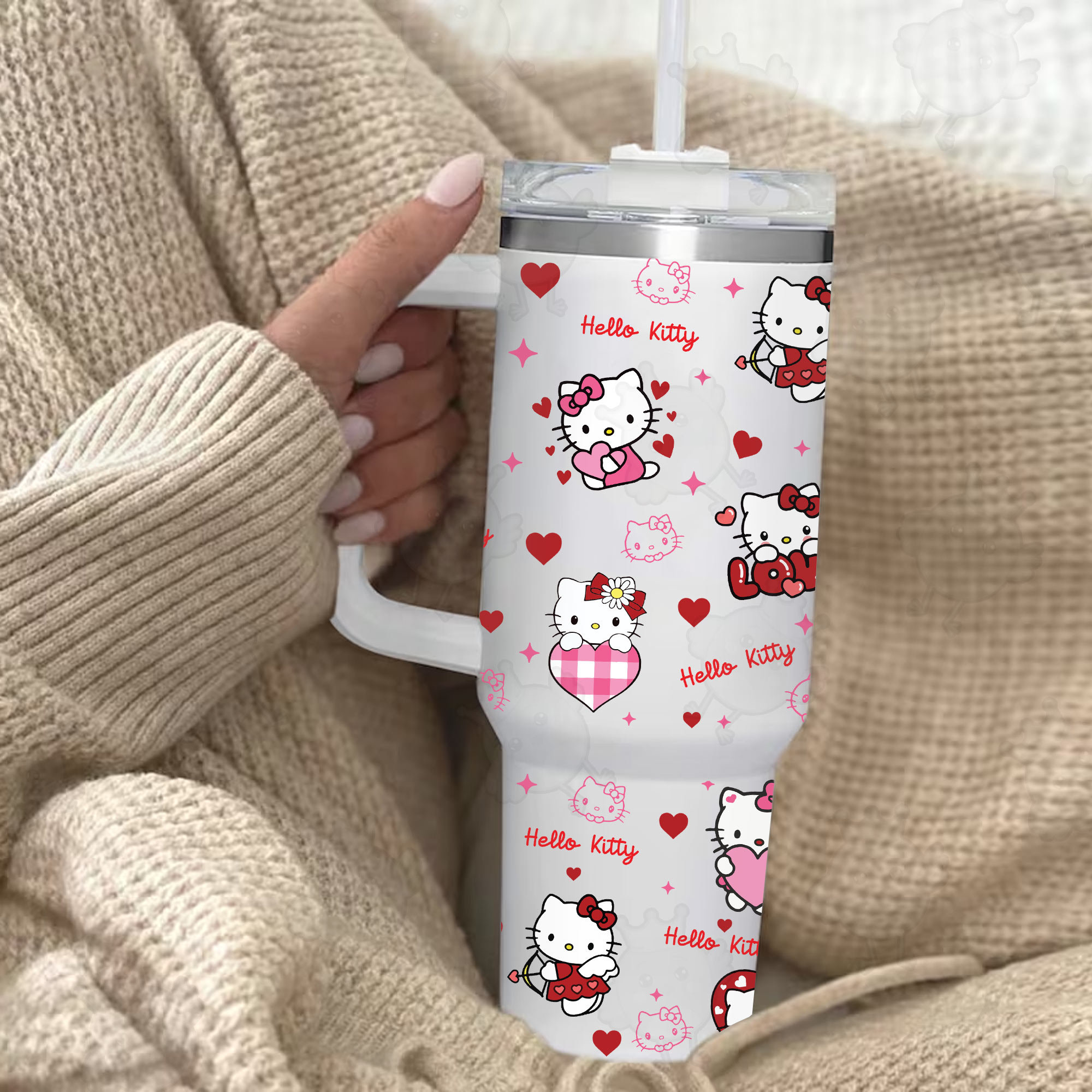 Pink Hello Kitty Valentine 30oz or 40oz Tumbler with Handle, Gift for Kitty fan, Birthday Anniversary Tumbler Gift HFN
