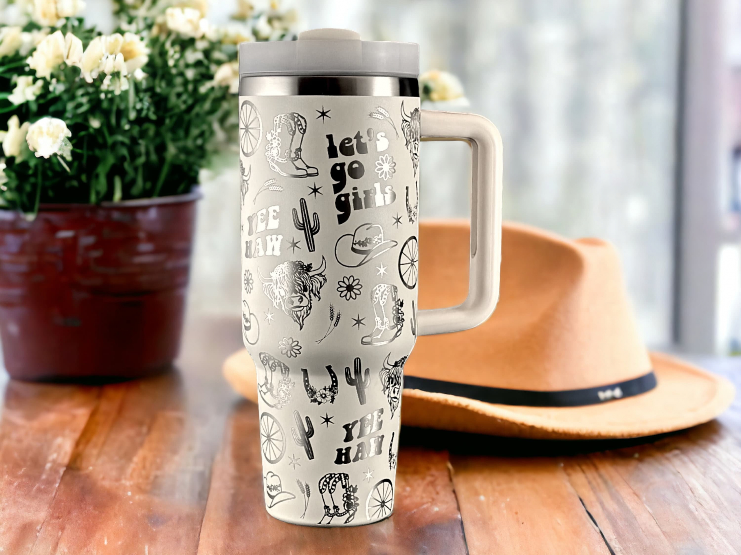 Cowgirl Yeehaw Western Highland Cow Laser Engraved 30oz or 40oz Tumbler with Handle, Birthday Anniversary Tumbler Gift HFN