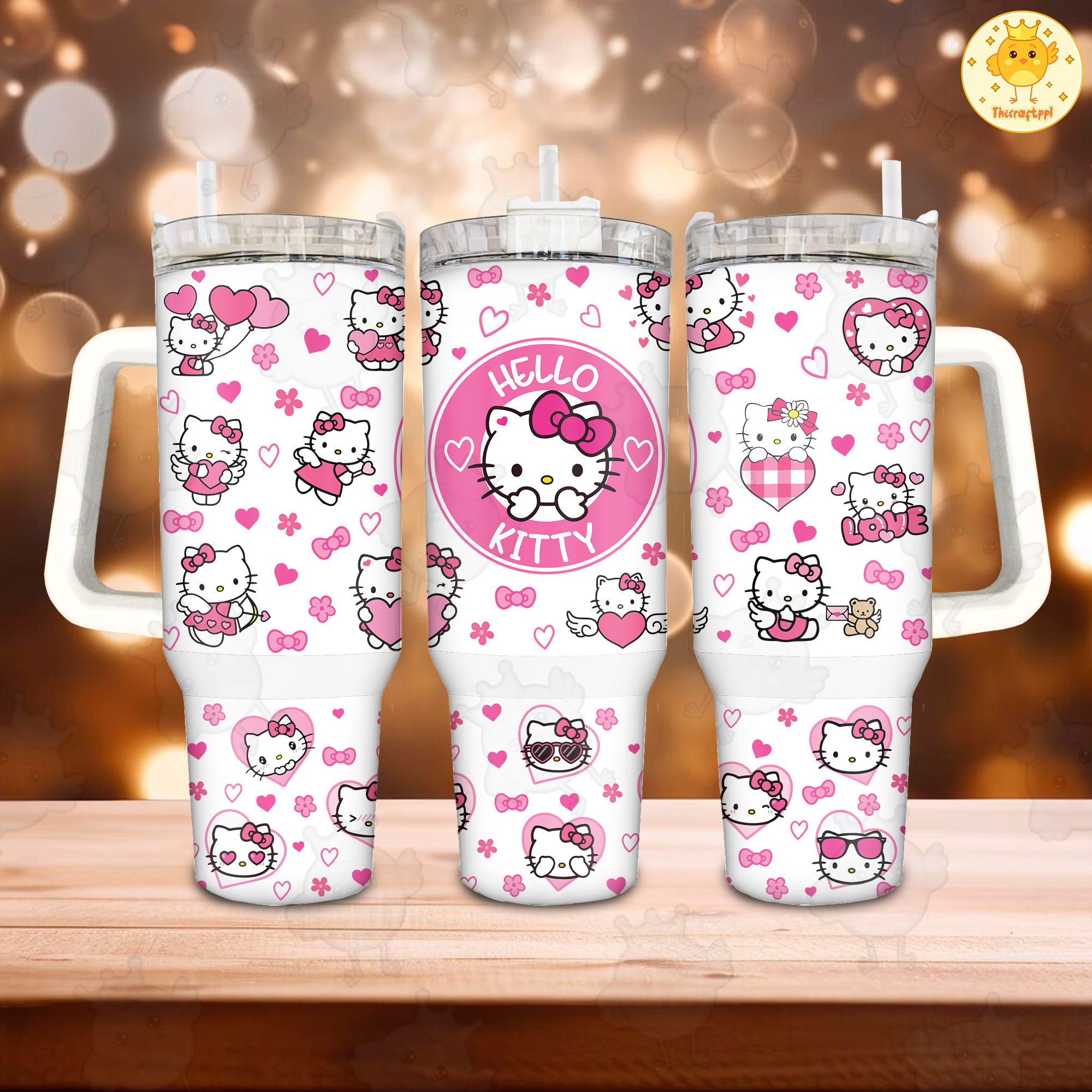 Valentine Cartoon Hello Kitty Cupid Love Heart 30oz or 40oz Tumbler with Handle, Birthday Anniversary Tumbler Gift HFN