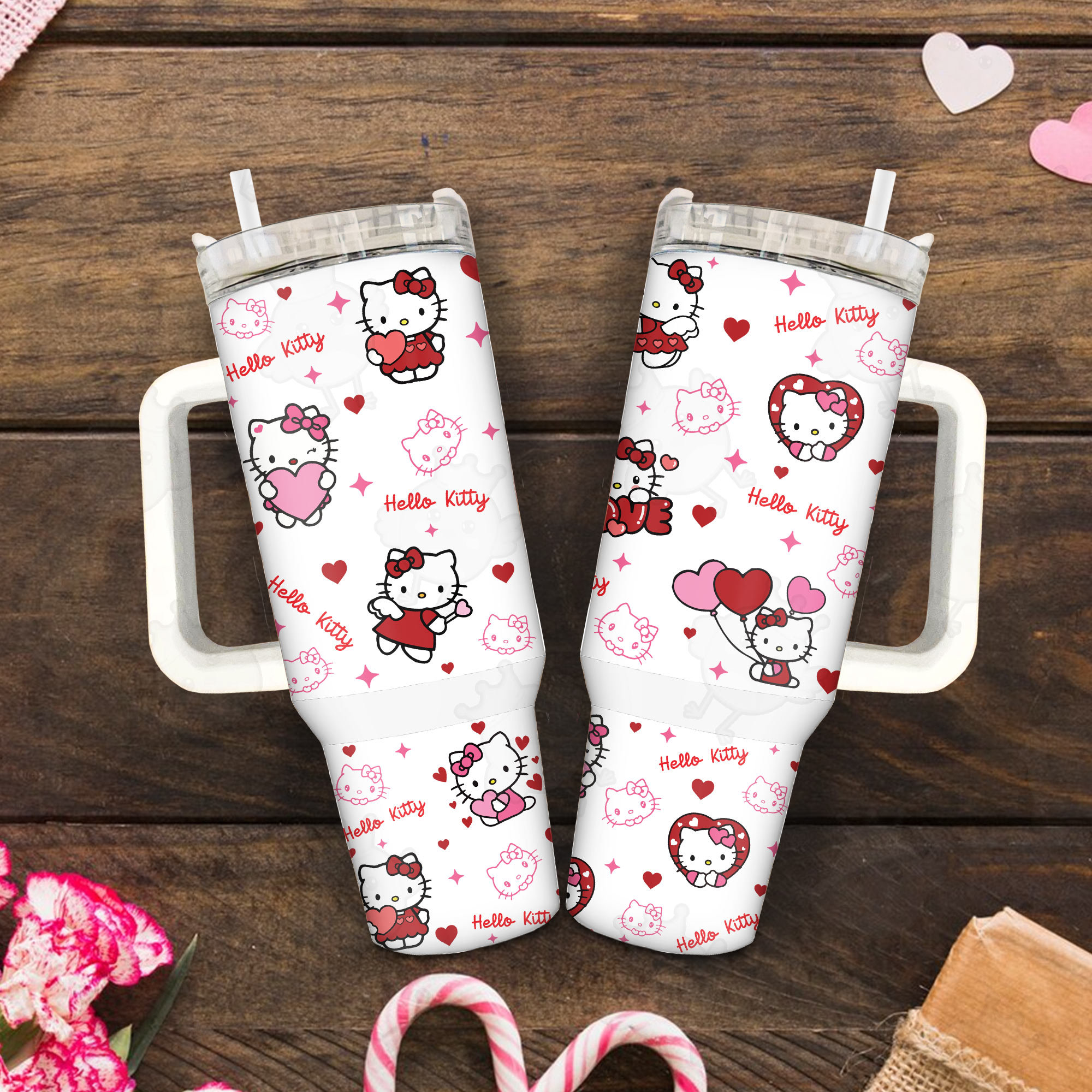 Pink Hello Kitty Valentine 30oz or 40oz Tumbler with Handle, Gift for Kitty fan, Birthday Anniversary Tumbler Gift HFN
