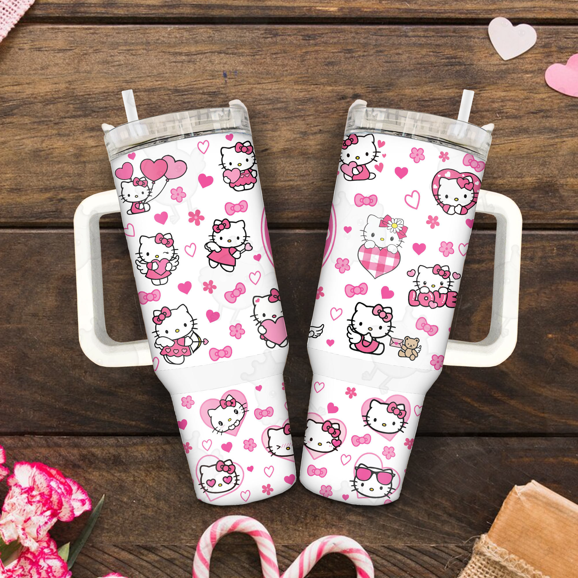 Valentine Cartoon Hello Kitty Cupid Love Heart 30oz or 40oz Tumbler with Handle, Birthday Anniversary Tumbler Gift HFN
